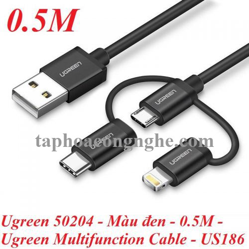 Ugreen 50204 0.5M Màu Đen Cáp sạc đa năng USB sang TypeC + Micro + Lightning có Chip MFI US186 30050204